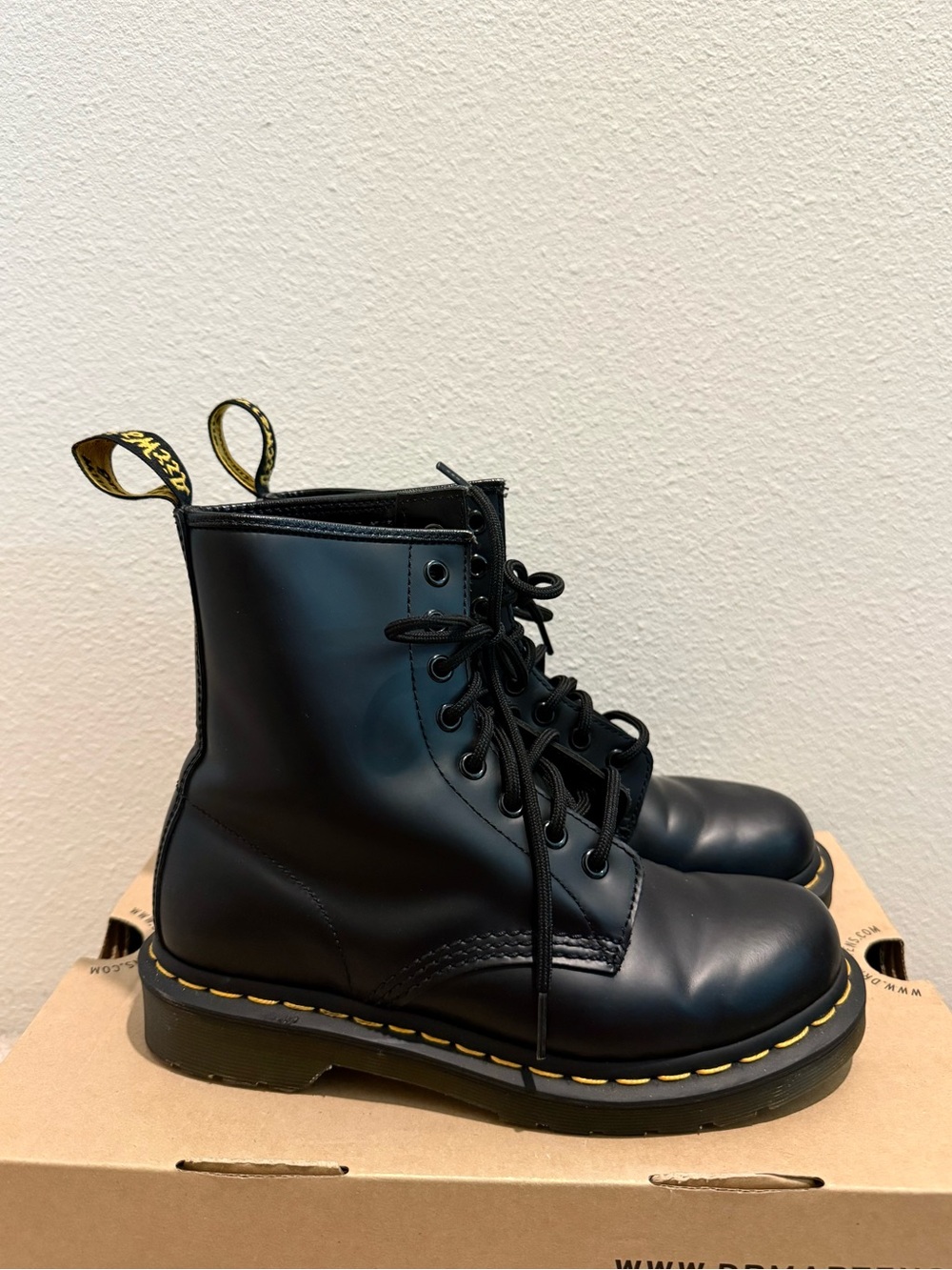 Dr. Martens Black Jadon Smooth Leather 8-Eye Boot with Yellow Stitching